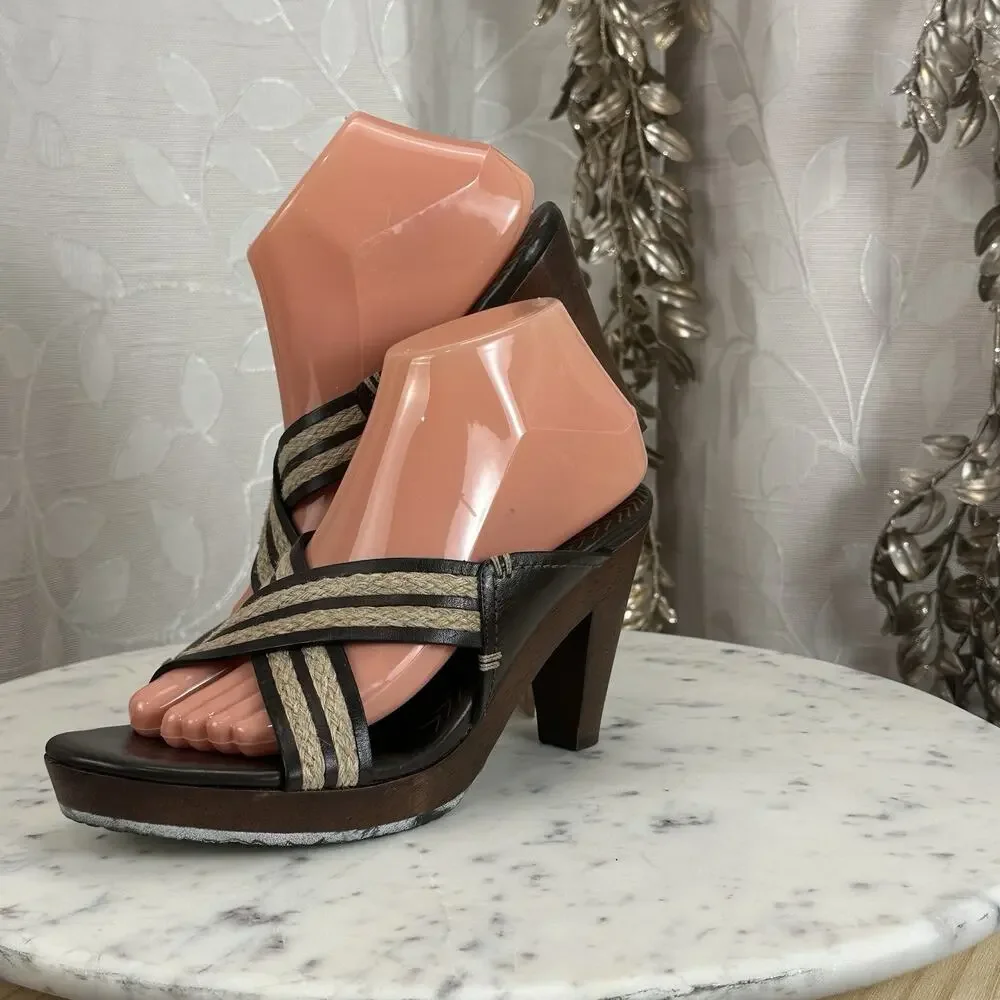 Cole Haan Brown Leather Raffia Woven Straps Wooden Platform Block‎ Heel Sandals